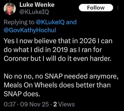 luke wenke tweet to kathy hochul bashing food stamp recipients november 2025