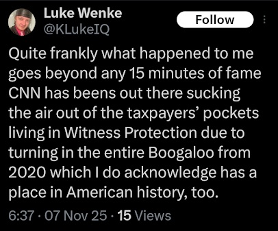 screenshot of a november 2025 luke wenke x/twitter post complaining about stalking victim ryan teeter while proclaiming victimhood