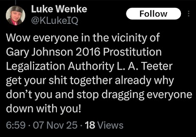 screenshot of a luke wenke tweet taunting romantic obsession ryan teeter's mother november 2025