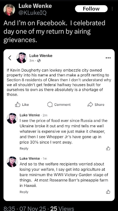 luke wenke announcing his post-prison return to social media november 2025