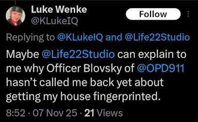 luke wenke demanding that the olean police investigate his fake home break-in november 2025