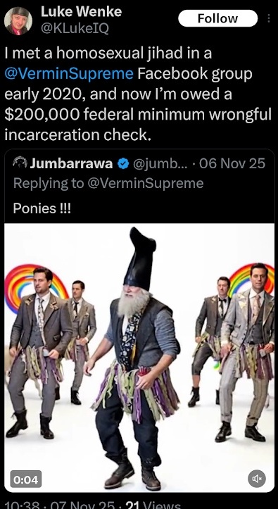 screenshot of luke wenke blaming vermin supreme for his romantic problems november 2025