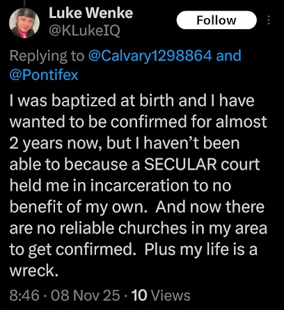 luke wenke crying like a bitch to some religious weirdo x/twitter november 2025