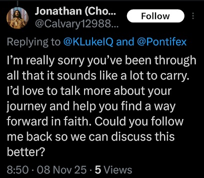 religious strangers trying to befriend cyberstalker luke wenke on x/twitter in november 2025