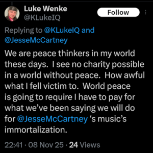 screenshot of a november 2025 x/twitter post by luke wenke claiming hes the real victim