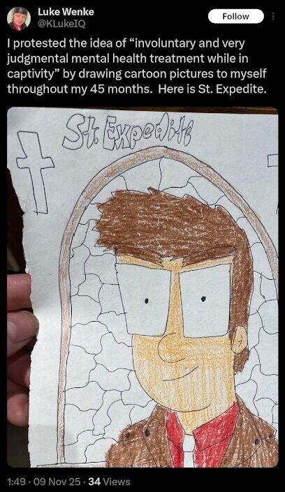luke wenke showing off his prison drawing of a priest november 2025