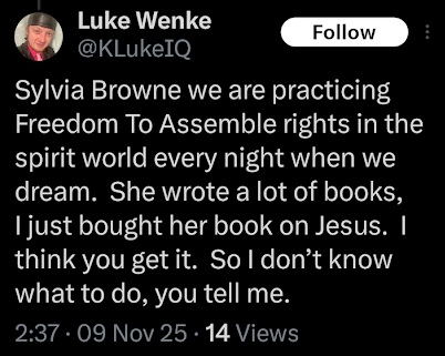 luke wenke tweet to psychic sylvia browne asking for spiritual guidance november 2025