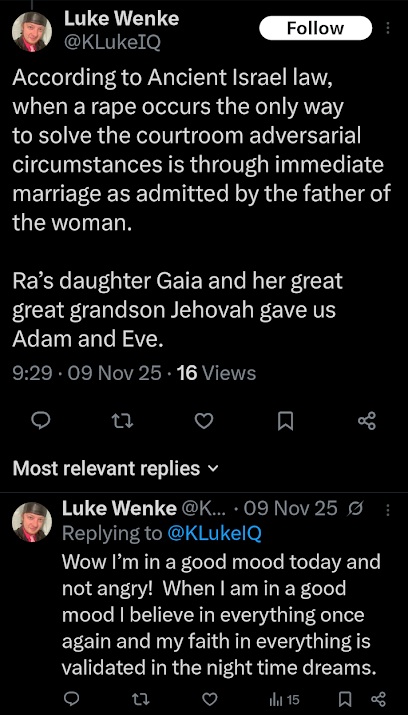 luke wenke tweeting about rape november 2025