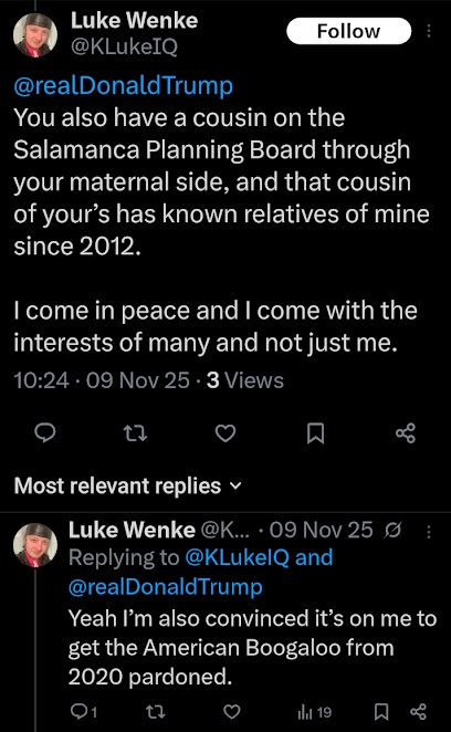 luke wenke tweet to donald trump claiming he knows trump's cousin november 2025