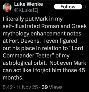 screenshot of a luke wenke x/twitter post about romantic obsession ryan teeter november 2025