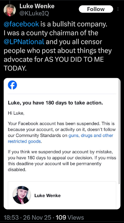 screenshot of a November 2025 Luke Wenke x/twitter post complaining because facebook banned him