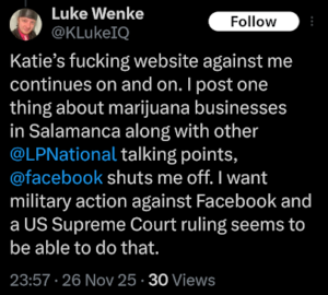 screenshot of an x/twitter post by luke wenke complaining about katie's website november 2025