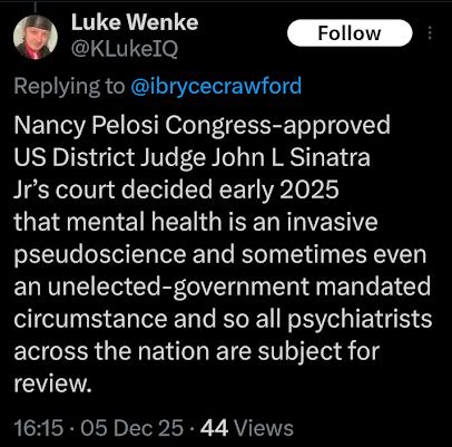 screenshot of a 2025 luke wenke x/twitter post denying mental illness