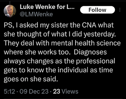 luke wenke showing resistance to mental health treatment x/twitter screenshot december 2023