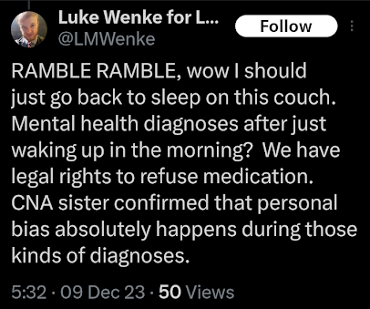 luke wenke blaming mental healthcare for his legal problems x/twitter screenshot december 2023