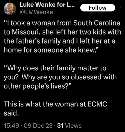 luke wenke bragging about abandoning a single mom along a roadside x/twitter screneshot december 2023