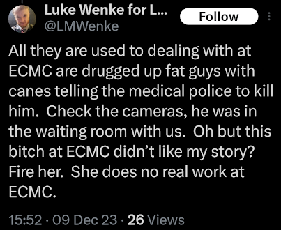 luke wenke blaming ecmc buffalo hospital workers for his problems x/twitter screenshot december 2023