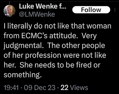 Luke Wenke X/twitter post criticizing Erie County Medical Center staff member after mental evaluation in December 2023
