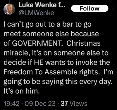 luke wenke blaming the government for his continued obsession with stalking victim benjamin ryan teeter x/twitter screenshot december 2023