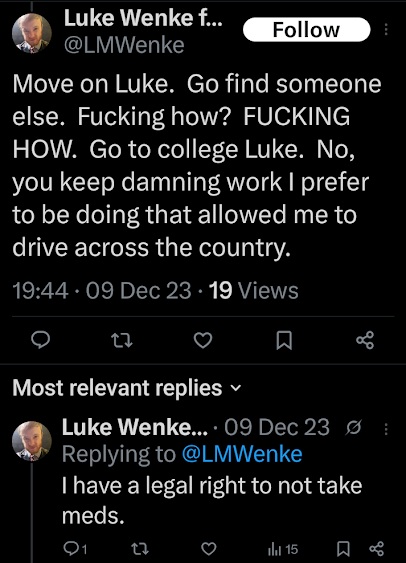 luke wenke complaining about how he's unable to move on from stalking victim ryan teeter x/twitter screenshot december 2023