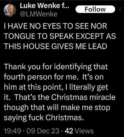 luke wenke demands a christmas miracle from stalking victim ryan december 2023 x/twitter screenshot