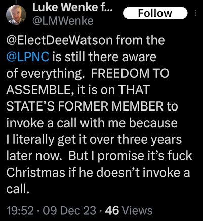 luke wenke demanding a christmas phone call from stalking victim ryan benjamin teeter x/twitter screenshot december 2023