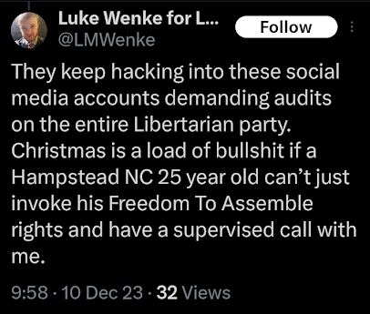 luke wenke falsely accuses libertarian party of hacking his phone x/twitter screenshot december 2023