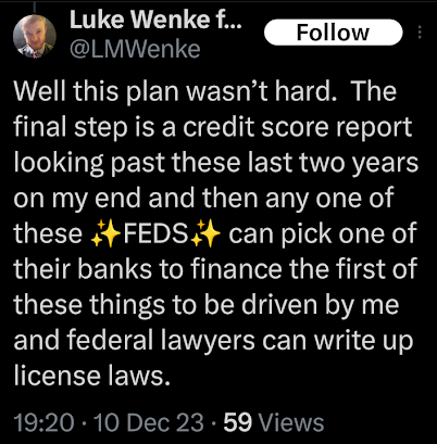 luke wenke demanding reparations from federal authorities for perceived injustices