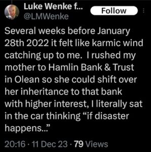 Luke Wenke x/twitter post about mother Janet McCaul december 2023