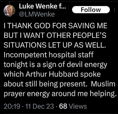 screenshot of a facebook post made by luke wenke in december 2023 complaining about hospital staff after an evaluation