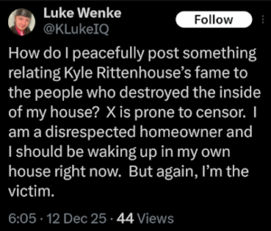 screenshot of an x/twitter post by luke wenke falsely accusing stalking victims of vandalism december 2025