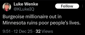 screenshot of a december 2025 x/twitter post by luke wenke complaining about his cyberstalking victim