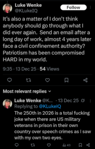 luke wenke december 2025 x/twitter post calling the usa a joke and hating the military