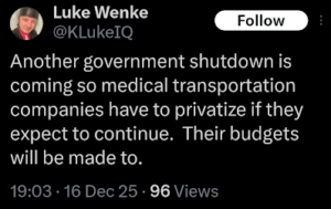 screenshot of an x/twitter post by luke wenke predicting government shutdown december 2025