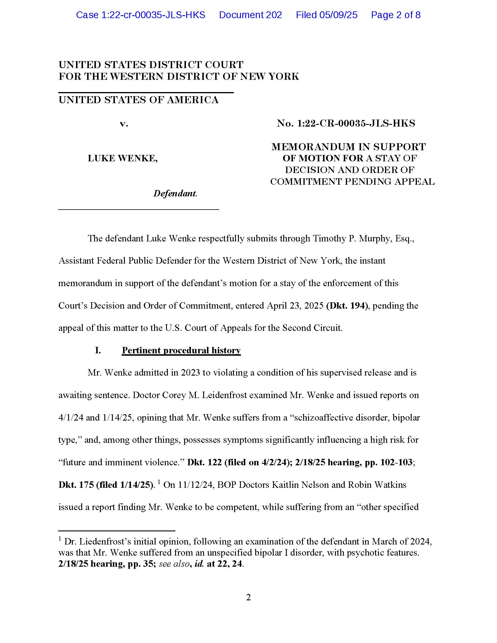 Page 2 of Luke Wenke’s May 2025 federal court motion discussing his supervised release violation, psychiatric evaluations, and order of commitment pending appeal.