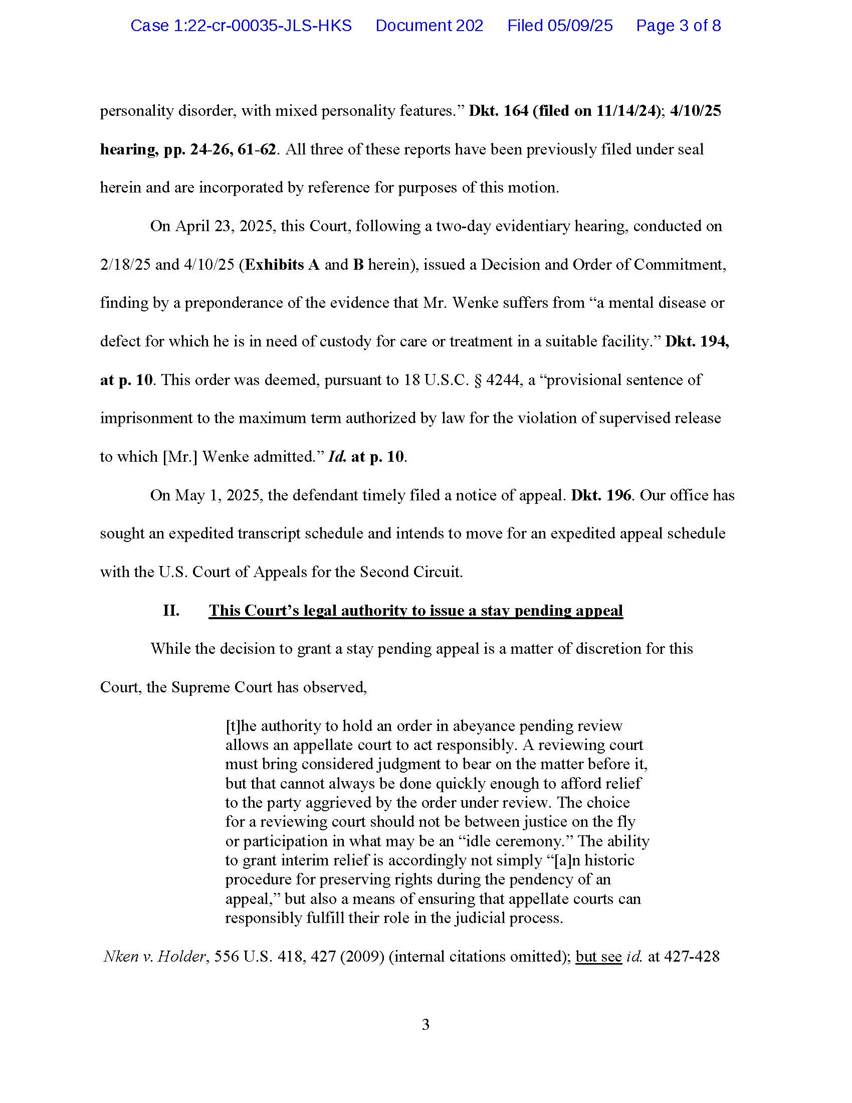 Page 3 of Luke Wenke’s May 2025 federal court filing discussing his order of commitment, supervised release violation, appeal, and request for a stay pending appeal.