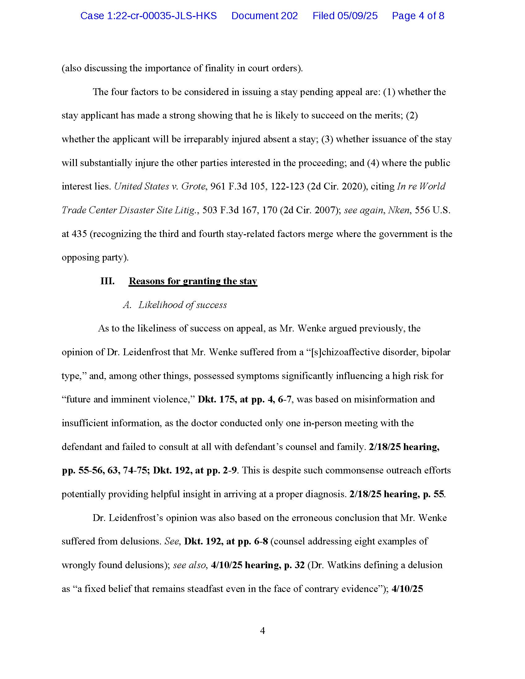 Page 4 of Luke Wenke’s May 2025 federal court motion arguing for a stay pending appeal and challenging psychiatric findings about his mental health and risk of violence.