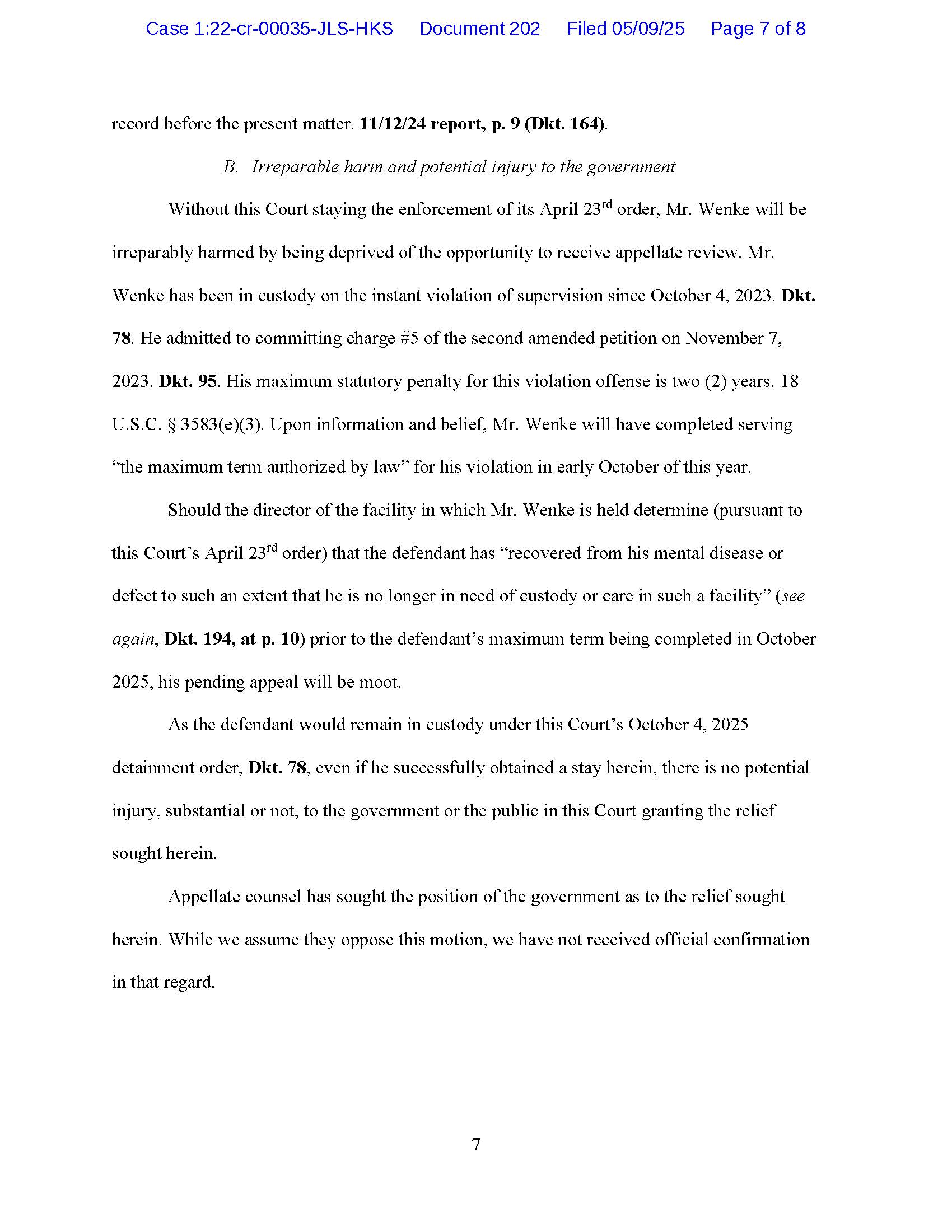 Page 7 of Luke Wenke’s May 2025 federal court motion arguing that continued commitment could deprive him of meaningful appellate review and make his appeal moot.