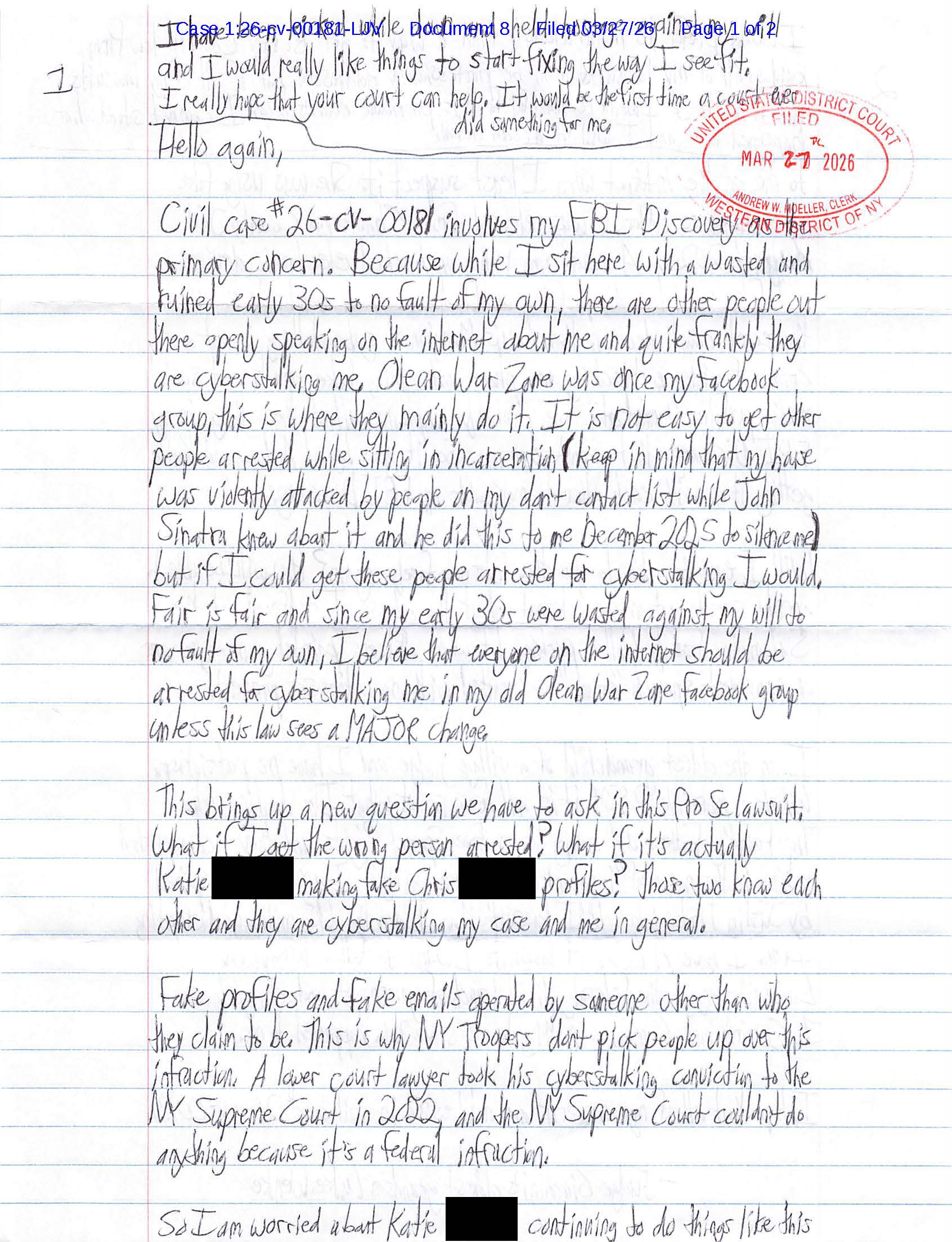 letter from luke wenke to judge lawrence vilardo falsely accusing victims of cyberstalking and impersonation