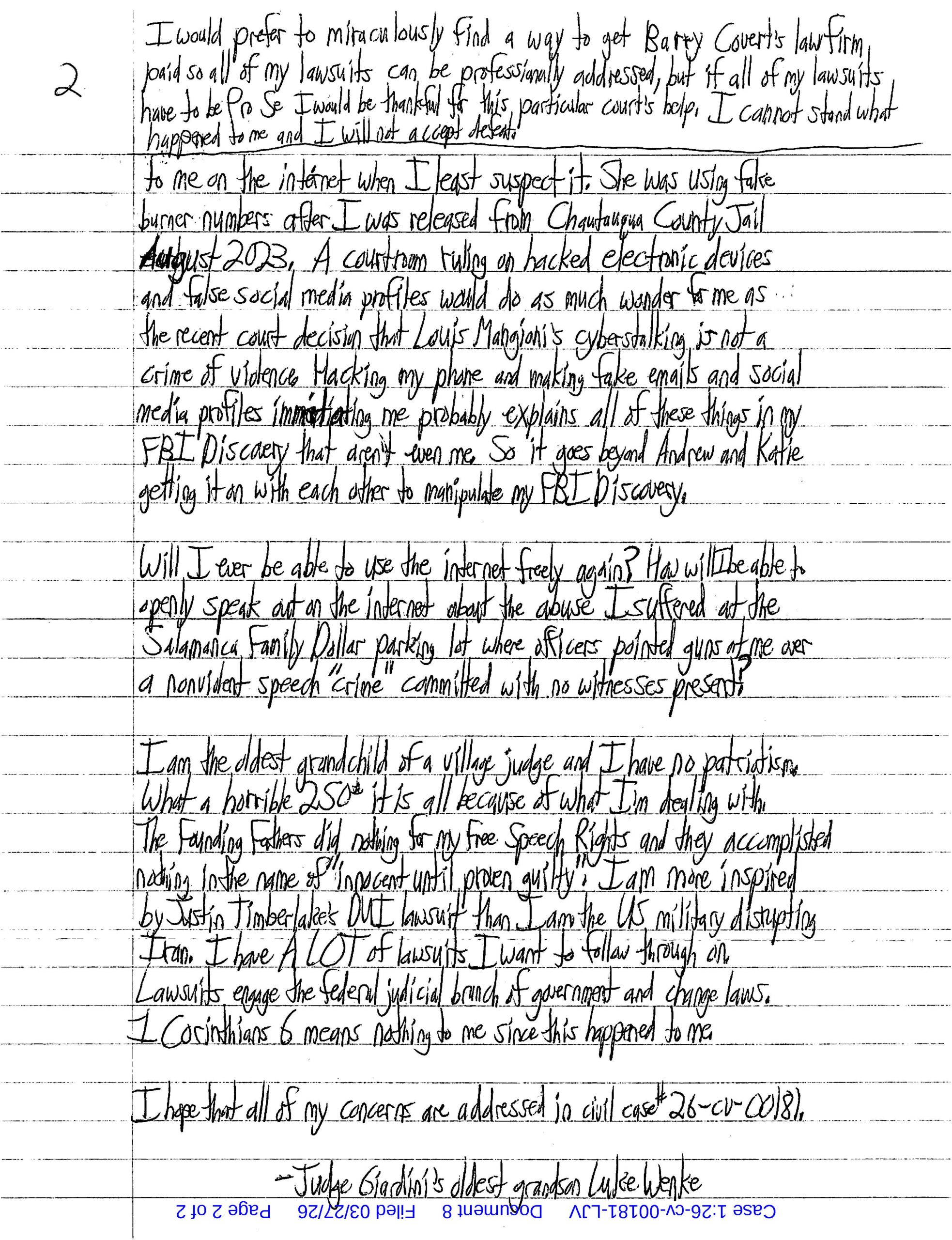 letter from luke wenke to judge lawrence vilardo falsely accusing victims of cyberstalking and impersonation