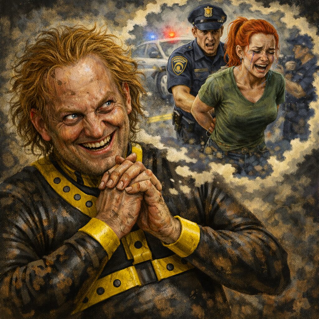 a man in a gimp suit daydreaming about his redheaded stalking victim getting arrested