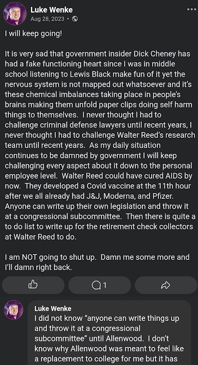 screenshot of an august 2023 facebook post by luke wenke announcing his intentions not to stop his imaginary crusade for justice