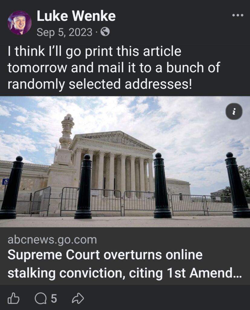 screenshot of a september 2023 Luke Wenke facebook post about his obsession with sending letters to his stalking victims