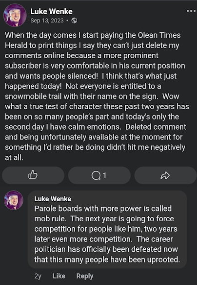 luke wenke threatens to pay the olean times herald to say whatever he wants x/twitter screenshot september 2023