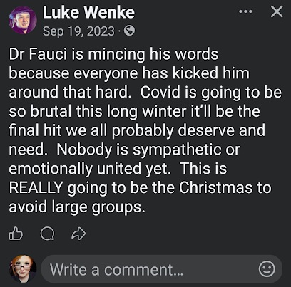 screenshot of a september 2023 Luke Wenke x/twitter post containing predictions of imminent destruction and disease