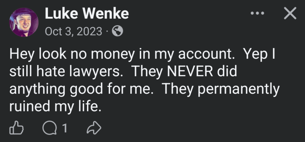 luke wenke whining about being broke and having no money x/twitter screenshot october 2023