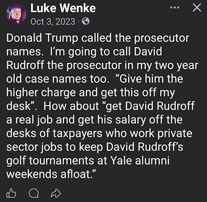 a screenshot of a hateful october 2023 facebook post by luke wenke about the US attorney who prosecuted his 2022 federal cyberstalking case