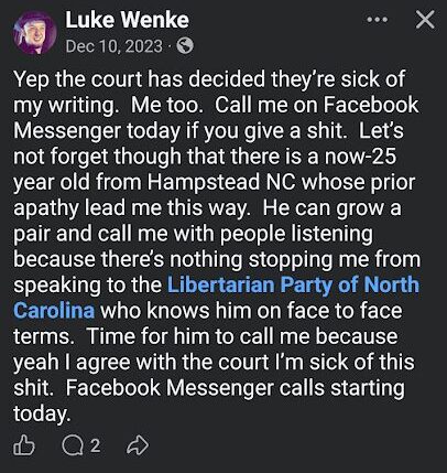 luke wenke says the court is sick of him writing x/twitter screenshot december 2023
