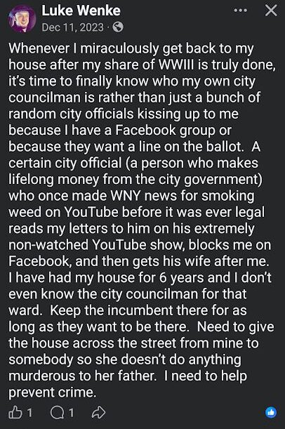 screenshot of a facebook post by luke wenke vowing to go after city council members december 2023