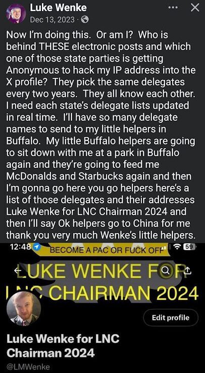 screenshot of a december 2023 luke wenke facebook post about running for libertarian chairman